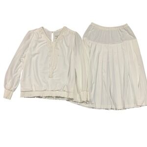 Vintage USA 2pc Womens White Pleated Skirt Set With Blouse Sheer Lace Size 12